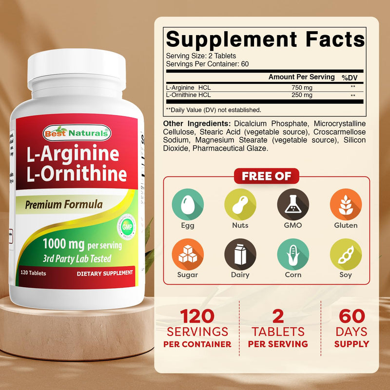 Best Naturals L-Arginine L-Ornithine - 1000mg per Serving - 120 Tablets - Non-GMO & Gluten Free (120 Count (Pack of 2)) 120 Count (Pack of 2)