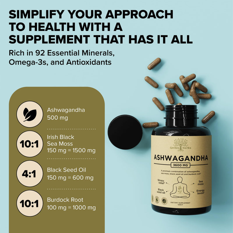 [Australia] - Organic Ashwagandha Root & Irish Sea Moss – 3,600 mg Ashwagandha Supplement with Black Seed Oil, & Burdock Root – Herbal Supplement for Energy, Worry, & Wellness, 60 Caps 60 Count (Pack of 1) 