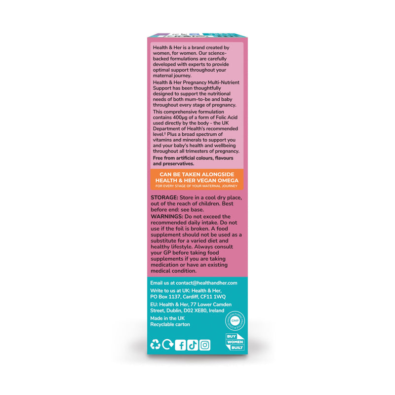 Health & Her Pregnancy Multi-Nutrient Support - Pregnancy Vitamins for Women - Contains Folic Acid, Selenium, Vitamin B12, Zinc and Magnesium - 1 Month Supply - 60 Capsules - Vegan & Gluten Free 60 count (Pack of 1)