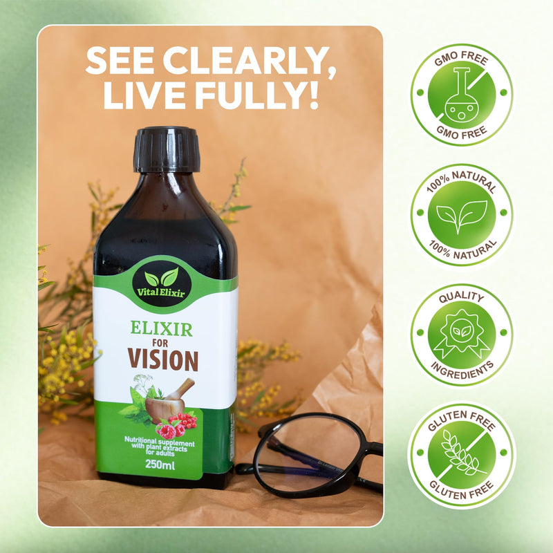 Elixir Vision, Nutritional Food Supplement with Plant Extracts for Adults – Herbal Liquid Formula with Eyebright & Marigold – 250ml – Vegan & Gluten-Free