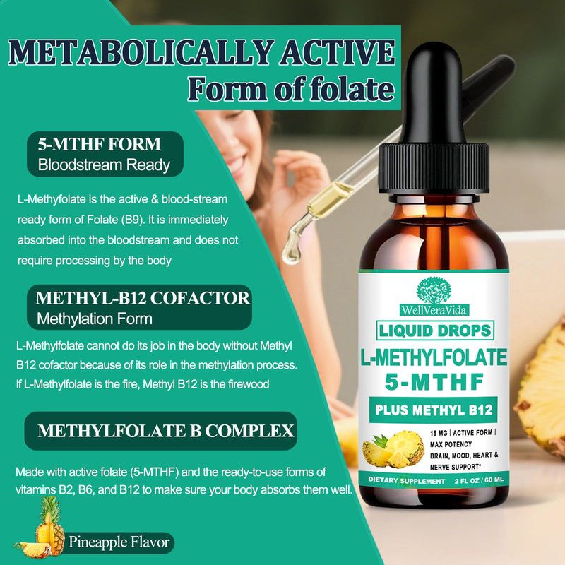 L Methylfolate 15mg Liquid Drops, 5-MTHF Plus Methyl B12 for Adults & Kids | Methylfolate Supplement w. Methyl B12, B6 & B2 for Mood, Methylation, Homocysteine, Cognition & Energy Support, Vegan Non-GMO Pineapple 2 Fl Oz (Pack of 1)