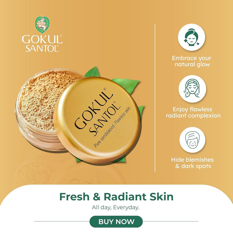 Face Powder Sandalwood Chandan Makeup Powder by Gokul, Natural Face Powder for All Skin Types, 10g-100% Pure sandalwood from India's Mysore Sandal Trees.