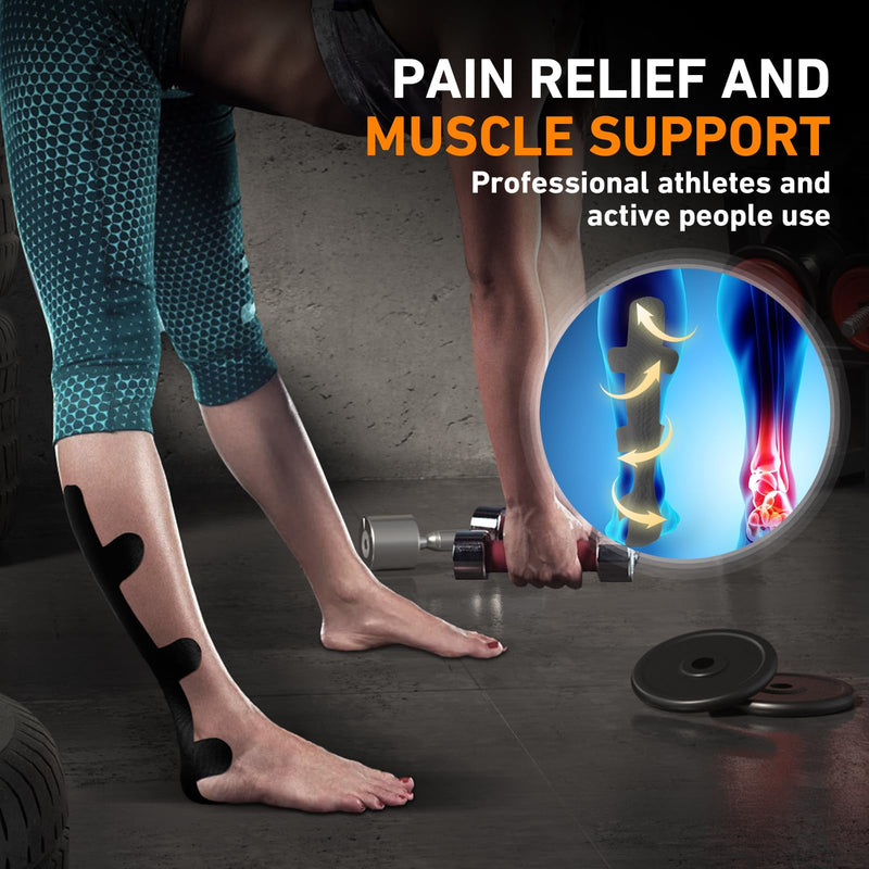 [Australia] - Kinesiology Tape for Achilles Tendon, KTQUICK 12 Count Achilles Tendon Tape Precut, Original Cotton Waterproof&Breathable, Enhance Elastic Kinesiology Athletic Tape for Achilles&Muscle Support(Black) Black 