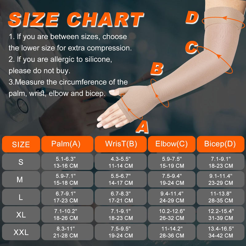 [Australia] - Lymphedema Medical Compression Arm Sleeve with Gauntlet, 20-30 mmHg Graduated Compression Full Arm Support for Women Men, Long Pressure Arm Hand Brace for Arthritis, Bursitis, Edema, Nerve Pain Beige (Single) Large 