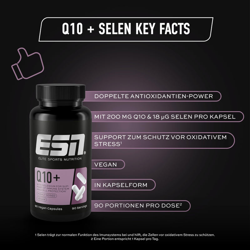 [Australia] - ESN Q10 Pro + selenium, 90 capsules, high dosage, support for performance and regeneration, 200 mg coenzyme Q10 + 18 µg selenium per capsule, tested quality, vegan & made in Germany 
