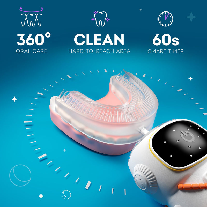 [Australia] - Sensory 360 Round U-Shaped Astronaut Design Mouthguard Electric Toothbrush for Kids Ages 2-7 - Automatic Memory Function - 5 Modes Toothbrush with Multiple Heads – Kids Travel Essentials (White) White Small 