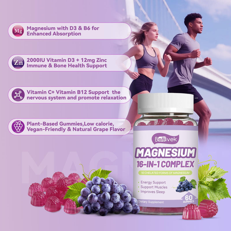 Magnesium Gummies with Vitamin D3, C, B6, B12 & Zinc for Women Men | 800mg Magnesium Gummies,Magnesium Citrate,Glycinate,Malate,Oxide,Women Men Bone Muscle Health,Vegan,Grape Flavor 60 Count (Pack of 1)
