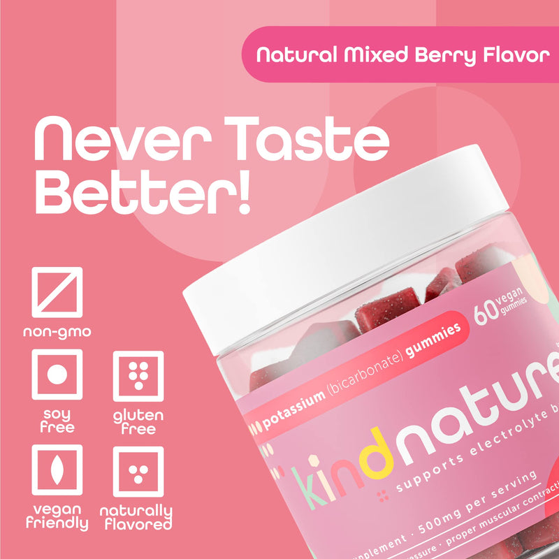 [Australia] - Kind Nature High Potassium Supplement 500mg - Chewable Gummies for Adults & Kids - Pure Potassium Bicarbonate Mineral Supplement - Vegan, Gluten Free, Non GMO - 60 Gummies (30 Day Supply) 