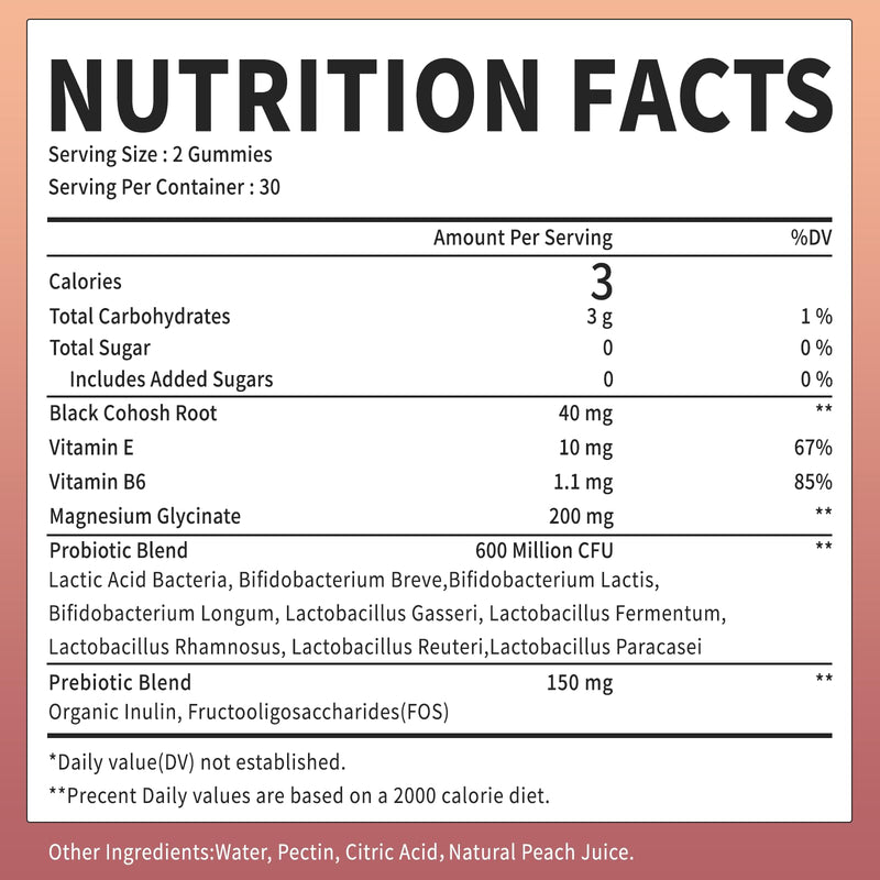 [Australia] - Black Cohosh Menopause and Menstrual Gummies with Magnesium, Vitamin E, Probiotic & Prebiotic - Hot Flashes* and Night Sweats* Relief Supplements - Vegan, Peach Flavored, 60 Counts 