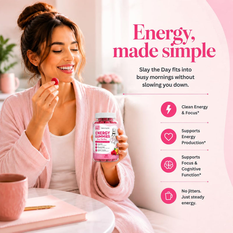 Balancing Act – Slay The Day Energy Gummies – Caffeine Free Focus & Clean Energy Support – with Vitamin B12, CoQ10 & Cognizin® Citicoline – Raspberry Lemonade – 60 Count (30 Day Supply)