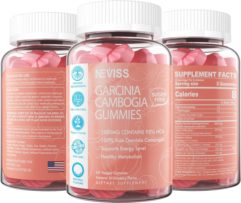 [Australia] - Sugar Free Garcinia Cambogia Gummies 1000mg 95% HCA with L-Carnitine, Raspberry Ketone, Chromium, Green Coffee Bean for Metabolism, Energy Boost, 100% Organic Extract, Vegan, Strawberry Flavor 120 Cts 30 Count (Pack of 2) 