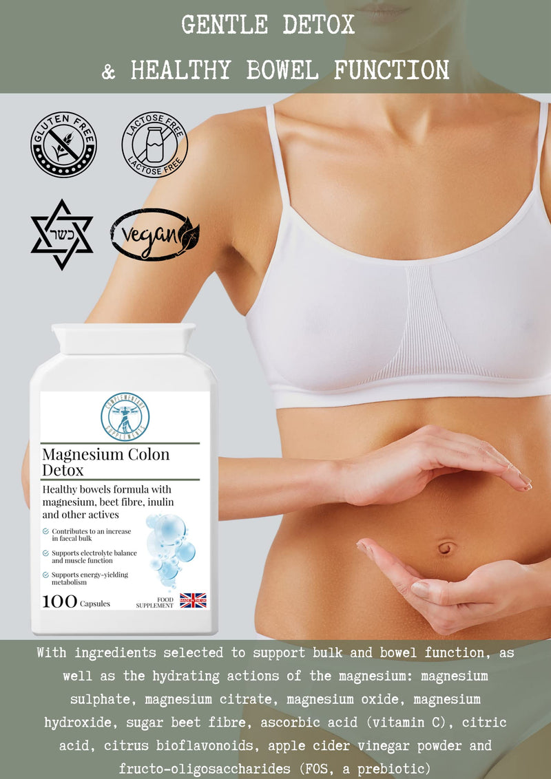 Magnesium Colon Detox – 4 Magnesium Types, Prebiotic Fibre, ACV & Vitamin C – Gentle Daily Digestive Support – Vegan, 100 Capsules