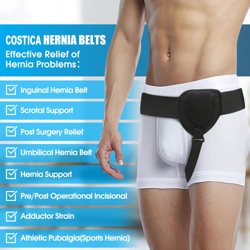COSTICA Hernia Belts for Men, Inguinal Hernia Support Belt for Men and Women, Adjustable Groin Belt Fits Left or Right Side, Support Truss for Inguinal, 1 Removable Compression Pad, 1 PCS, L/XL Large/X-Large (Pack of 1) Black