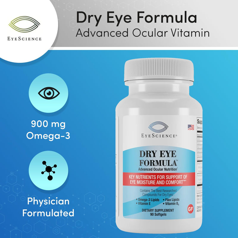 EyeScience Dry Eye Formula Omega-3 Dry Eye Supplement, 900mg | Eye Vitamins for Dry Eyes, Supports Eye Hydration, Tear Function & Daily Eye Comfort, EPA DHA Softgels for Adults 90 Count