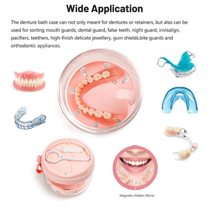 [Australia] - Denture Case, Leak Proof Denture Bath Cup for Travel, Pink Denture Container Cups for Soaking Full & Partial Dentures, Retainers, Mouth Guard with Denture Cleaner Brush, Aligner Removal Tool 