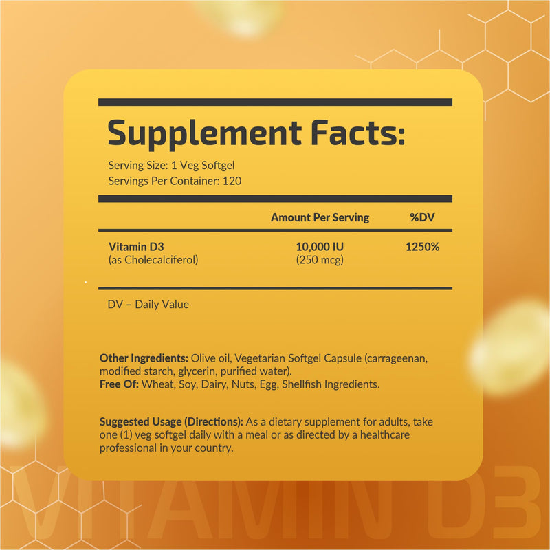 Vitamin D3 10000 IU, 120 Softgels – 4 Months Supply – High Strength Vitamin D Supplement – Daily Intake – Allergen Free – Gluten Free – for Adults – Easy to Swallow