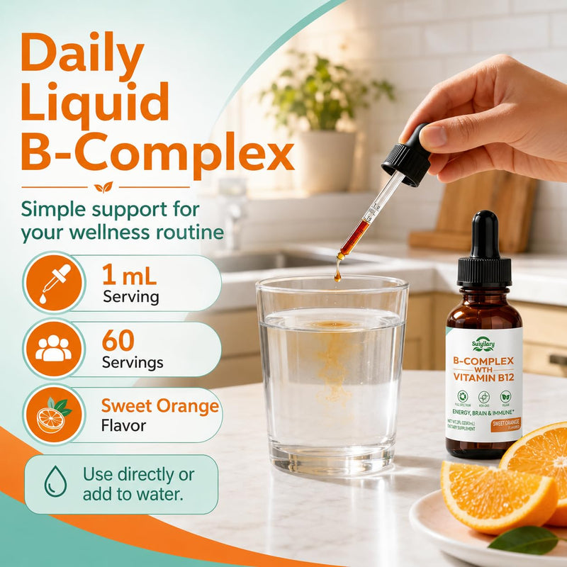 Suiyilary Vitamin B Complex Liquid Drops, B12 Methylcobalamin, B9 Folic, Vitamin C, Immune, Energy Metabolism, Brain & Heart Support, Orange Flavor, 60ml
