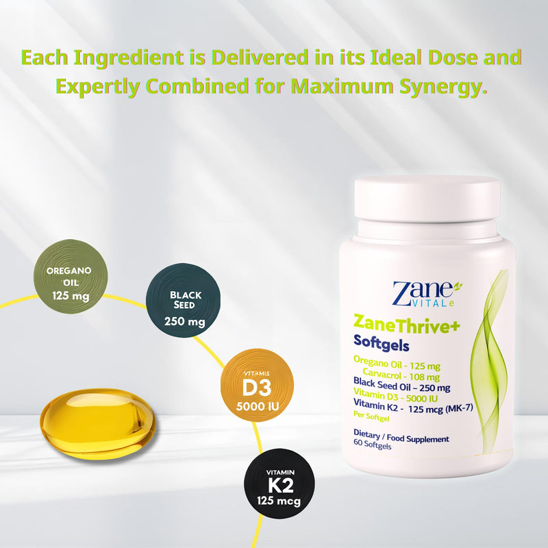 ZaneThrive + Vitamin D3 & K2, Black Seed Oil, Oregano Oil, Supplement - High Potency - Immune & Bone Wellness - with Carvacrol & Thymoquinone - Non-GMO, Gluten-Free - 60 Capsules by Zane Hellas.