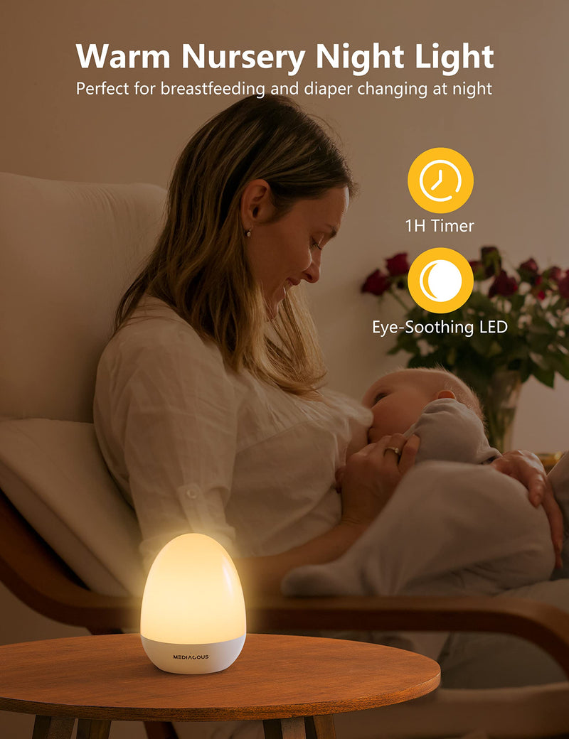 [Australia] - MediAcous Night Lights for Kids Room, Baby Night Light with Stable Charging Pad, Dimmable Kids Night Light with 1H Timer & Touch Control, ABS+PC LED Egg Lamps for Breastfeeding, Up to 200H 