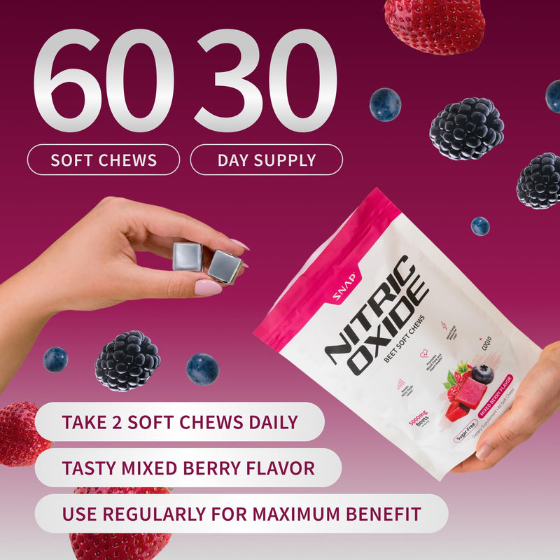 Snap Supplements Beet Root Natural Nitric Oxide Supplements for Men & Women, with Beet Root Extract for Energy, Heart Health & Circulation Support, 60 Soft Chews (1 Month Supply), Mixed Berry