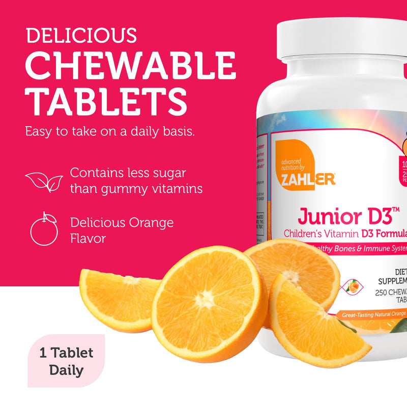 Zahler Junior D3 Vitamins 1000 IU - Chewable Vitamin D3 for Kids to Support Bone, Teeth & Immune Health - Kosher Orange Flavor - 250 Count 250 Count (Pack of 1)