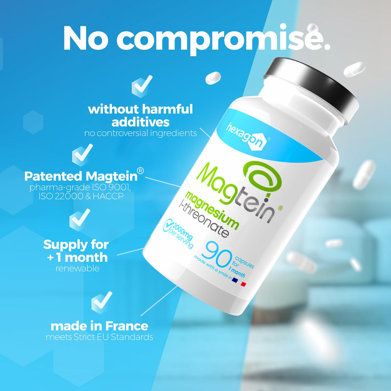 Magnesium L-Threonate Magtein® 2000mg - Memory, Mental Clarity, Restorative Sleep - Optimal Cerebral Assimilation - Patented Form from MIT - 90 Vegan Capsules - +1 Month Cure - Hexagon