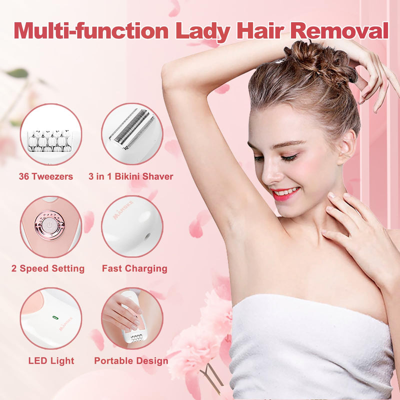 Smooth Glide Epilator for Women, 2-in-1 Facial Epilator for Women with LED, Wet/Dry Hair Remover Device, Portable Electric Lady Shaver for Bikini, Face, Arm, Legs, Armpits