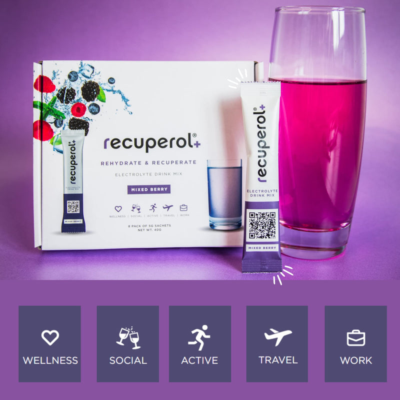 Recuperol Electrolytes Sachets - Rehydration Electrolytes Powder with Zinc, Vitamin C, B12, D3 & Potassium for Hydration - Sugar Free, Vegan & Low Calorie - Mixed Berry 30 Pack