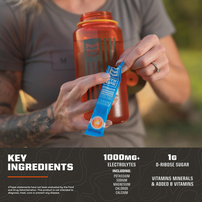 [Australia] - MTN OPS Hydrate Electrolytes Powder Drink Mix, 20 Single Serving On-The-Go Electrolyte Packs with Over 1000mg of Electrolytes per Serving, Mango Peach 