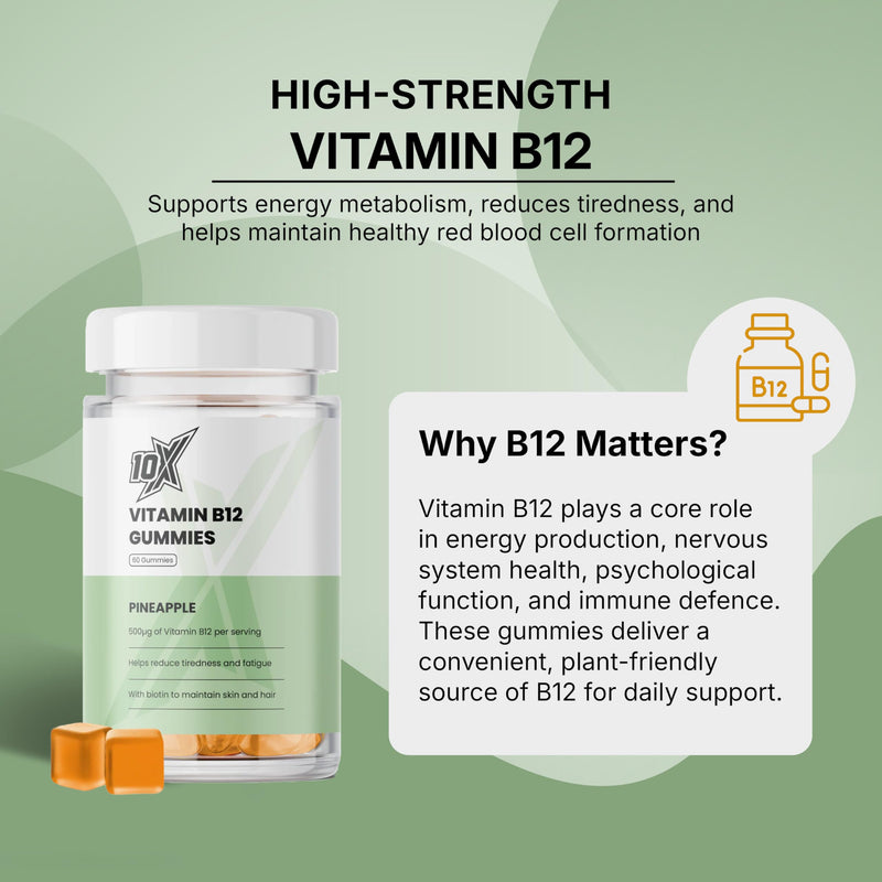 Vitamin B12 Gummies – Pineapple Flavour | Vegan B12 for Energy, Focus & Mental Clarity | Energy Metabolism | Immune Support | Fatigue Relief | Vitamins for Men & Women | 60 Gummies