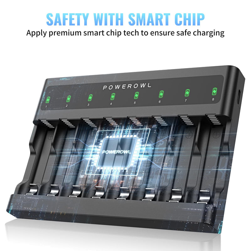 [Australia] - POWEROWL AA AAA Battery Charger 8 Bay, Independent Slot, USB Fast Charging for Ni-MH Ni-CD Rechargeable Batteries 