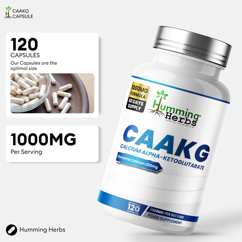 Humming Herbs Calcium Alpha-Ketoglutarate Supplement (CaAKG) 1000mg | 200mg Elemental Calcium (25% NRV) | 120 VeganCapsules | 60 Day Supply | Energy Metabolism Support