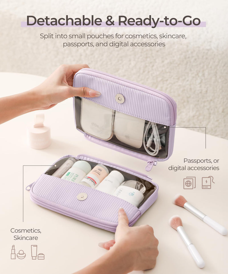 Makeup Bag Set for Women, 2 Pcs Corduroy Travel Cosmetic Organizer, Detachable Clear Pouch and Shell Shape Case, Waterproof Toiletry Storage for Beauty Essentials, Purple