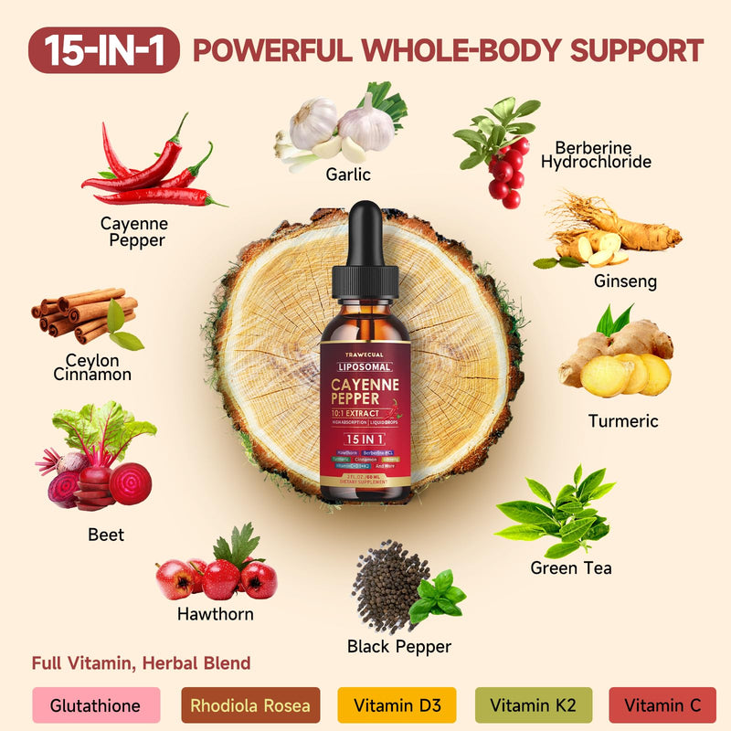 [Australia] - 15 in1 Liposomal Cayenne Pepper Liquid Drops Supplement, with Vitamin D3 K2, Hawthorn, Berberine HCL, Beet Root, Turmeric, Cinnamon, Digestion, Circulatory Heath Support- 2 Fl Oz for 30 Days 2 Fl Oz (Pack of 1) 