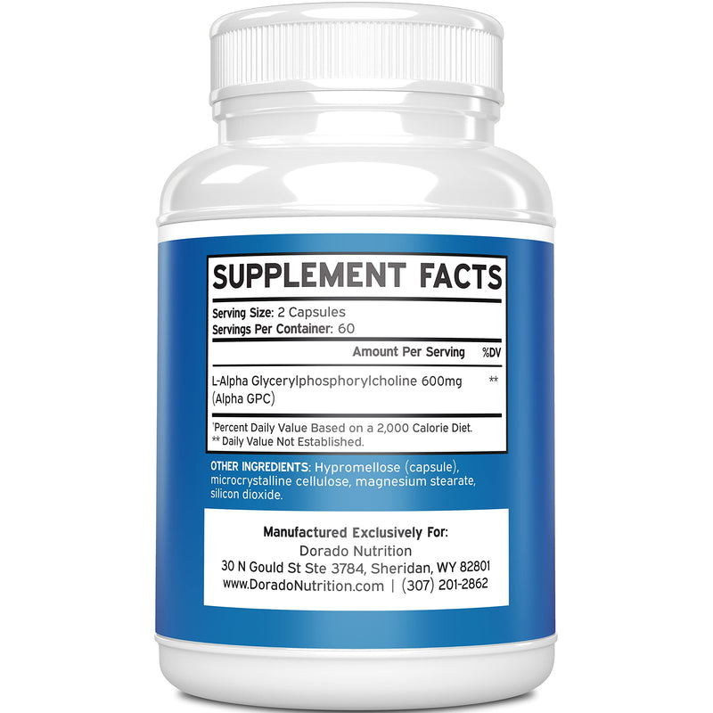 [Australia] - Alpha GPC 600mg Per Serving - (120 Vegan Capsules) - Choline Brain Supplement for Acetylcholine Advanced Memory Formula, Focus and Brain Support Supplement - USA Made - Non GMO, Vegan - (120 Count) 