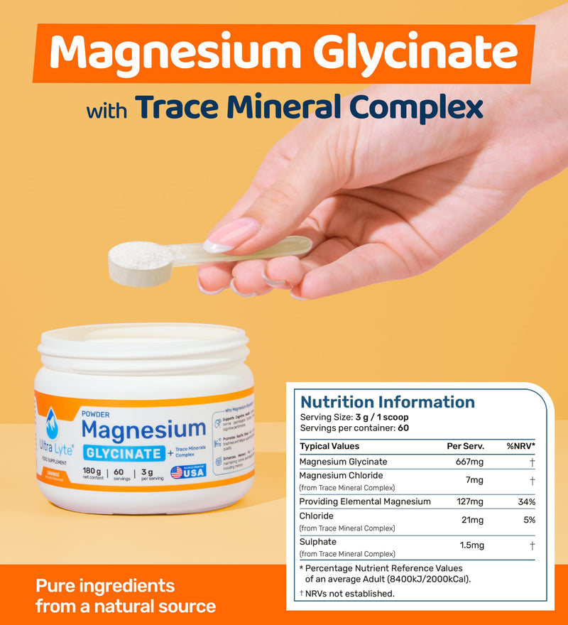 Ultra Lyte Magnesium Glycinate Powder with Trace Minerals 180g – Vegan & Gluten-Free Flavoured Magnesium Supplement – for Sleep Aid, Stress Relief & Muscle Relaxation – 60 Servings (180g, Orange) 180 g (Pack of 1)