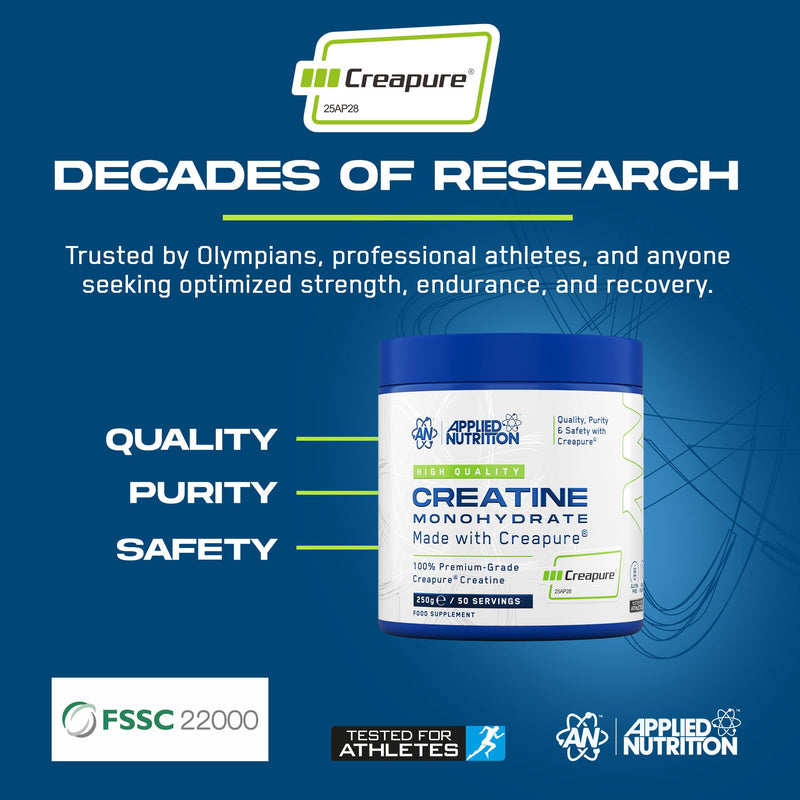 Applied Nutrition – Creatine Monohydrate – Made with Creapure® – Best Premium-Grade Creatine – Best Performance & Strength Support – Increased Energy & Endurance – (250g – 50 Servings) (Unflavoured)