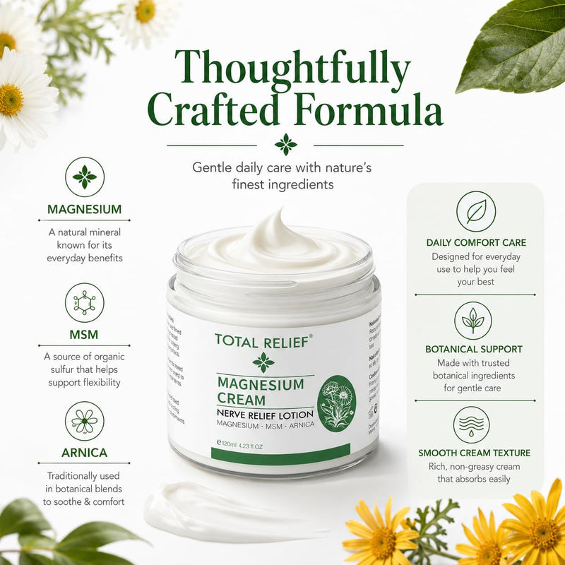TOTAL RELIEF Magnesium Cream - Extra Strength Lavender Magnesium Lotion for Foot, Hands, Legs, Toes Includes Arnica, Vitamin B6, Aloe Vera, MSM