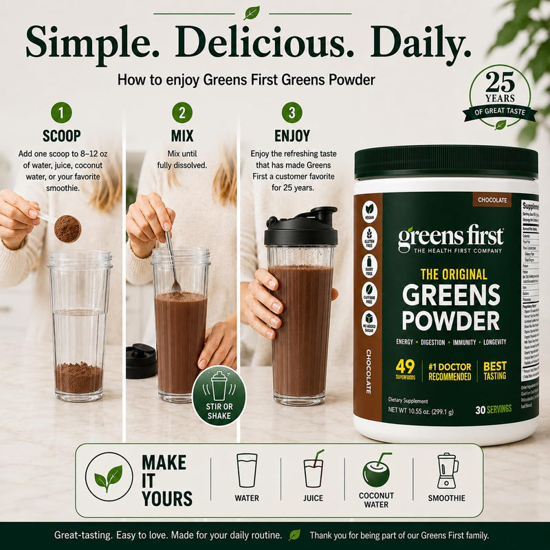 Greens First Original Greens Powder, Chocolate, 30 Servings | 49 Superfoods, Organic Fruits & Veggies, Probiotics & Digestive Enzymes, Antioxidant Smoothie, Dairy Free, Vegan & Non-GMO 30 Serving