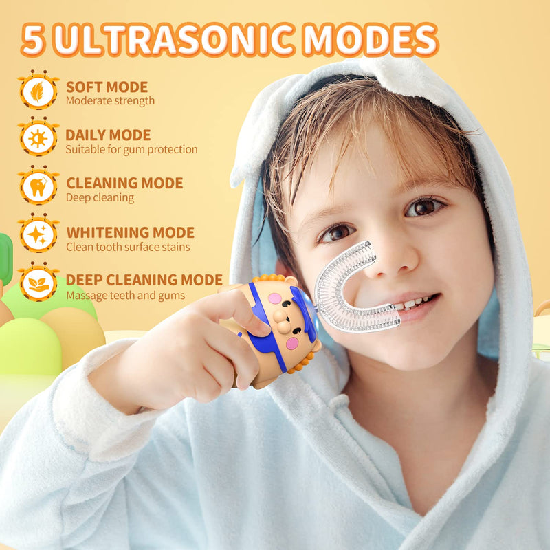RexCodar Kids Electric Toothbrushes, U Shaped Ultrasonic Toothbrush, Rechargeable Full Mouth Kids Toothbrush with 4 Brush Heads, IPX7 Waterproof, Five Smart Modes, 60S Smart Reminder(Ages 2-6) Brown 2-6 Age