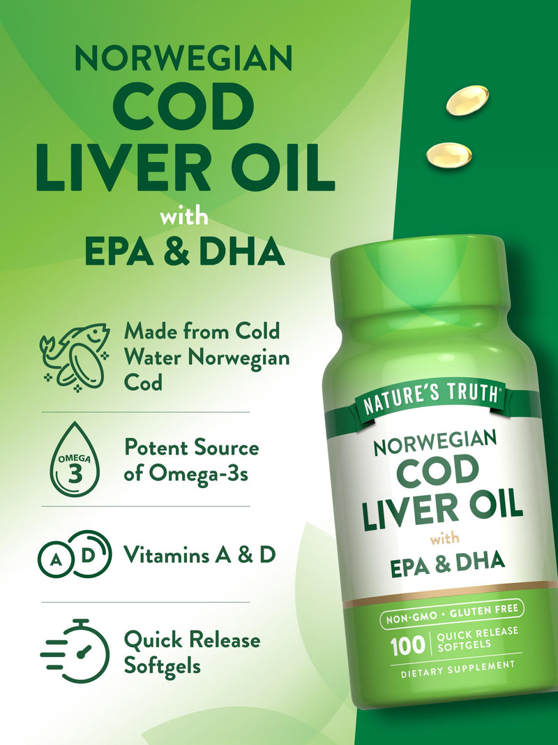 [Australia] - Nature's Truth Norwegian Cod Liver Oil | 100 Softgels | with EPA & DHA | Non-GMO, Gluten Free Supplement 
