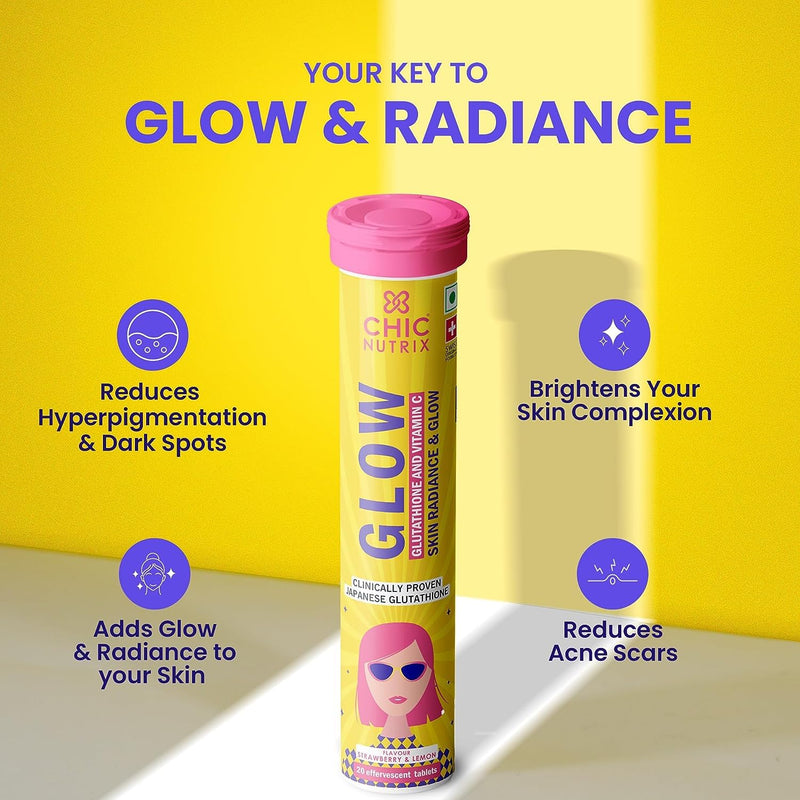 Glow | Japanese Glutathione 500 mg and Vitamin C for Skin Care | Glowing & Radiant Skin - 20 Effervescent Tablets | Strawberry-Lemon Flavour