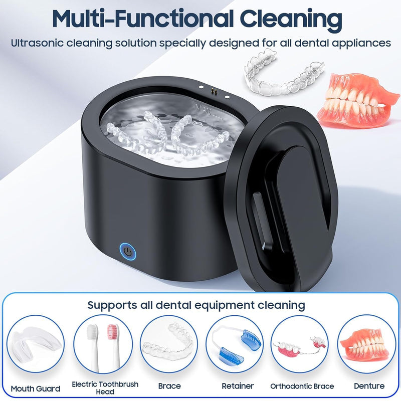 [Australia] - Ultrasonic Retainer Cleaner Machine for Denture: 45000Hz Portable Sonic Dental Cleaning Pod for Mouth Guard 45kHz Black 