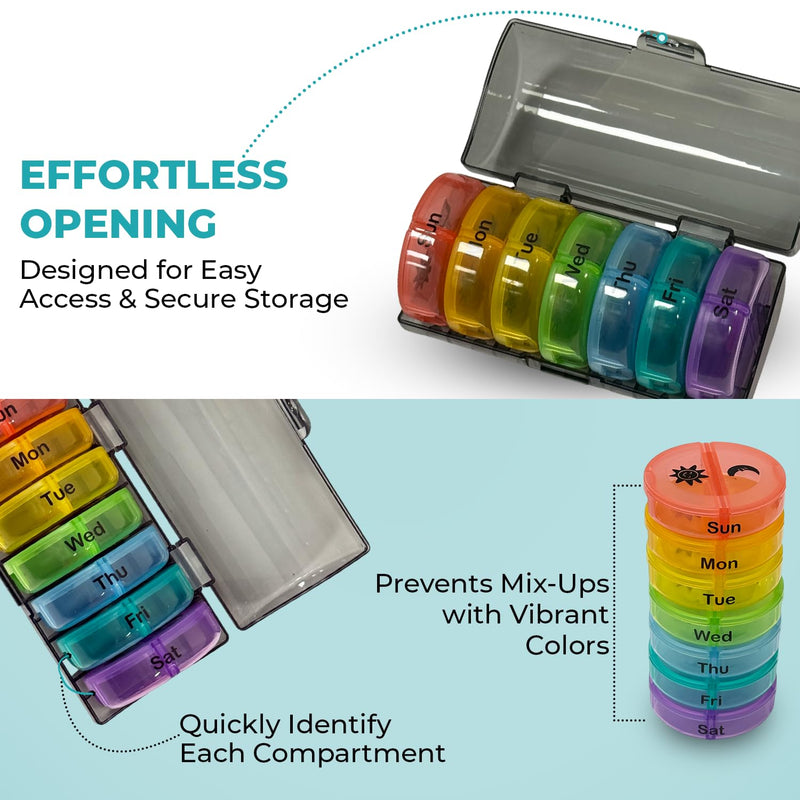 14 Compartment Pill Organizer — Portable Weekly Pill Box 7 Day 2 Times A Day — Am/Pm Pill Case for Medicine, Vitamins, Supplements — BPA Free Travel Large Pill Sorter for Day & Night, Clear