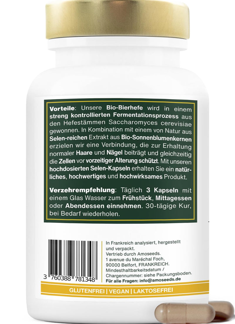 [Australia] - ORGANIC brewer's yeast | Hair and nails | Live yeast, 1200mg / day, gluten free | Enriched with Selenium | 90 vegan capsules | Top quality 