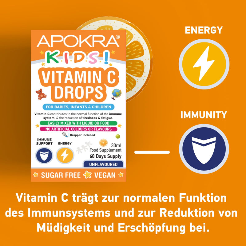 [Australia] - Vitamin C drops | Vitamins children | Vegan Vitamin C | strengthen immune system children | Two month supply - 30ml | APOKRA KIDS 