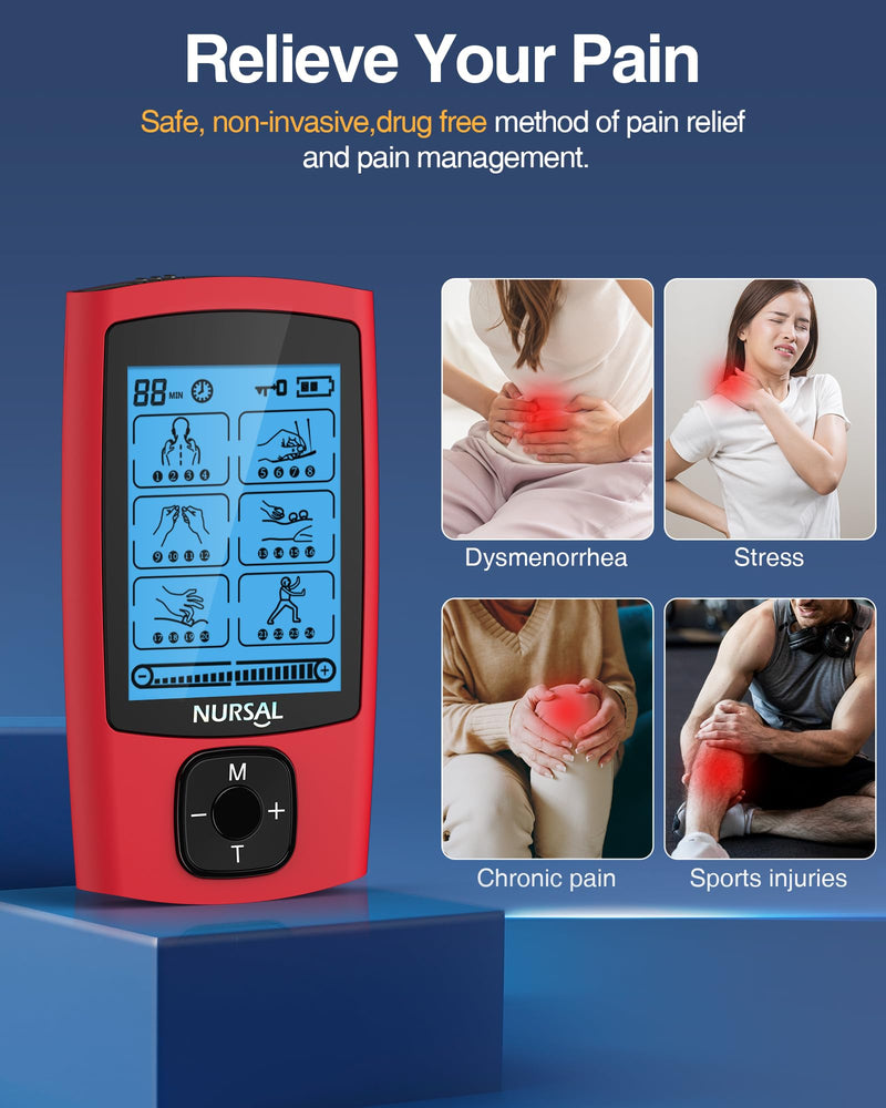 NURSAL 24 Modes TENS Unit Muscle Stimulator, Rechargeable Electronic Pulse Massager with 8 Pads for Back and Shoulder Pain Relief and Muscle Strength (Red) B-red