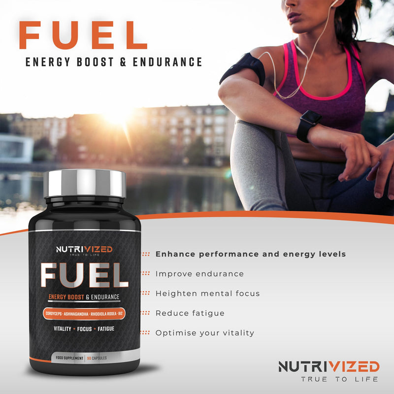 Fuel for Maximum Energy - Ashwagandha & Cordyceps Mushroom, Endurance, Focus and Clarity + Green Tea Extract - Rhodiola Rosea - Vitamin B12 – Vegan 90 Capsules - Made in the UK