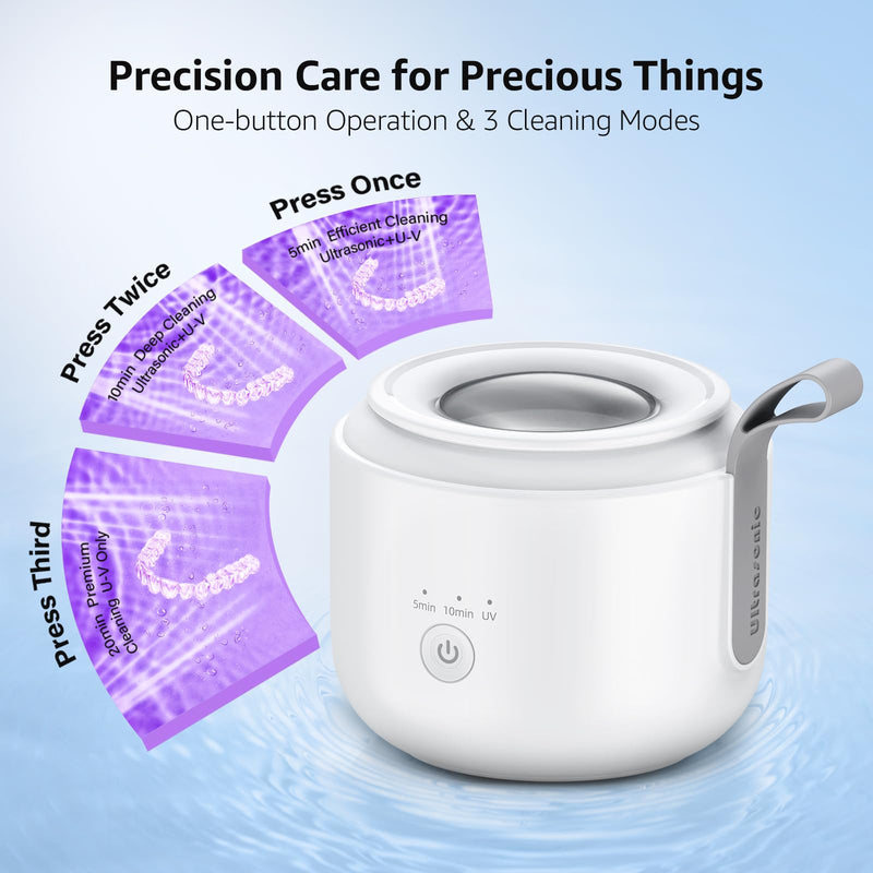 [Australia] - Ultrasonic Retainer Cleaner Machine: 48kHz Rechargeable Cordless Denture Cleaner - Waterproof Ultrasonic Jewelry Cleaner - 200ML Dental Cleaning Pod for Mouth Guard, Aligner, White 