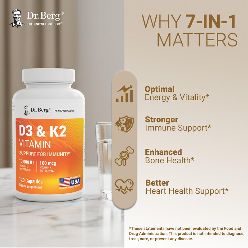 Dr. Berg Maximum Strength 7-in-1 Vitamin D3 K2 10,000 IU | Naturally Derived D3 | 4X Lab-Tested & Verified | High Absorption Formula | K2 D3 Vitamin Supplement | 120 Capsules 120 Count (Pack of 1)